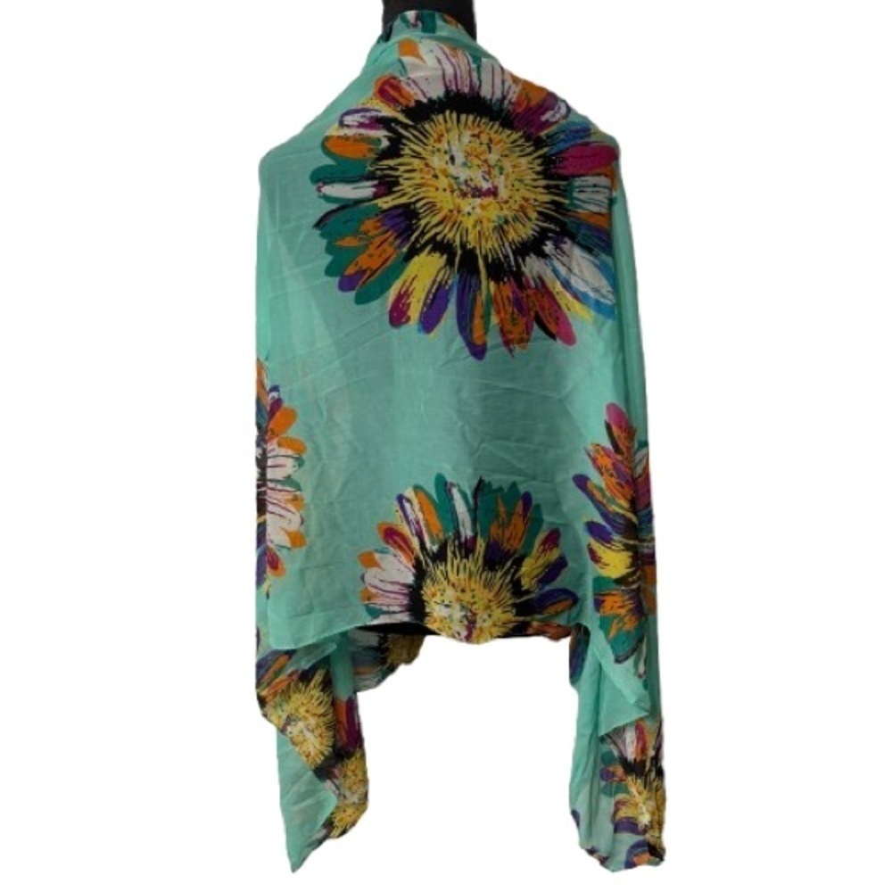Teal Multicolor Sunflower Print Sheer Wrap One Size